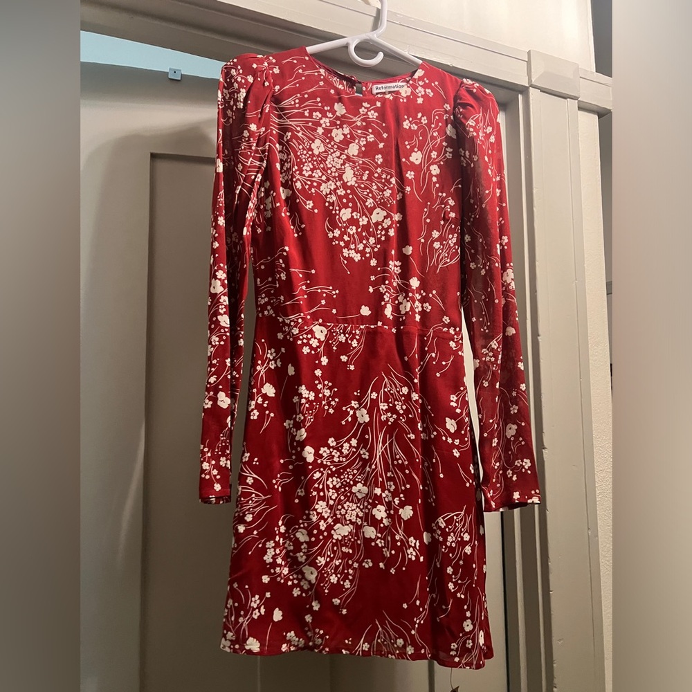 Reformation Romee Long Sleeved Red Floral Mini Dress